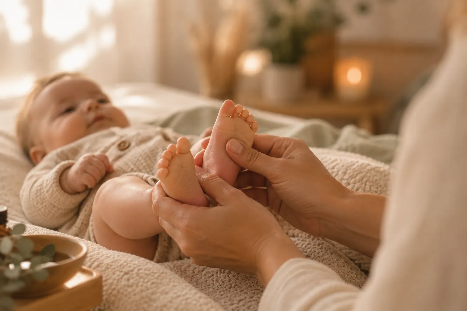 bébé couché qui reçoit une réflexologie plantaire